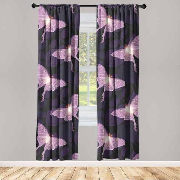 Jungle Boho Window Curtains, Butterfly Illustration Modern Minimalist With Tropical Leaves Print, Lightweight Decor 2-Panel Set with Rod Pocket, Pair of - 28"x63", Pale Lilac Dark Purple, by Ambesonne