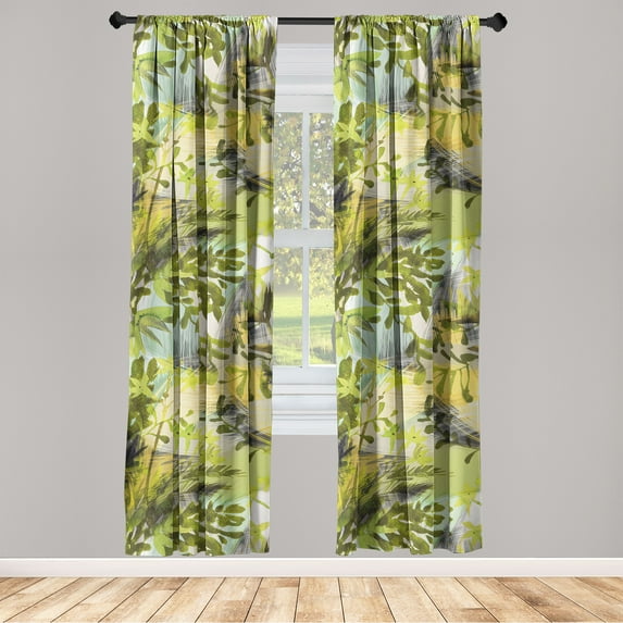 Jungle Boho Window Curtains, Dreamy Silhouettes of Leafy Scene with Neutral Colors Grunge Art, Lightweight Decor 2-Panel Set with Rod Pocket, Pair of - 28"x95", Yellow Green Apple Green, by Ambesonne