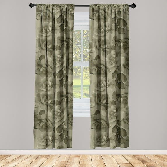 Jungle Boho Window Curtains, Nostalgic Vibes Garden Scene Flowers Vintage and Petals Print, Lightweight Decor 2-Panel Set with Rod Pocket, Pair of - 28"x84", Olive Green and Reseda Green, by Ambesonne