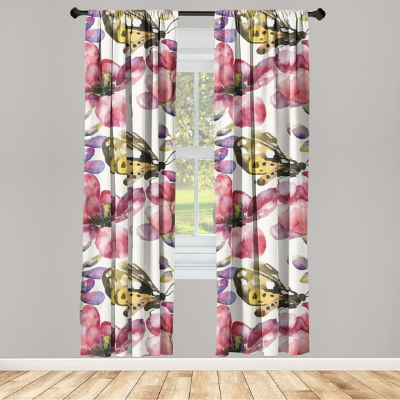 Jungle Boho Window Curtains, Springtime Design Watercolor Violet Lupines and Moth Artwork, Lightweight Decor 2-Panel Set with Rod Pocket, Pair of - 28"x84", Pale Earth Yellow and Ruby, by Ambesonne