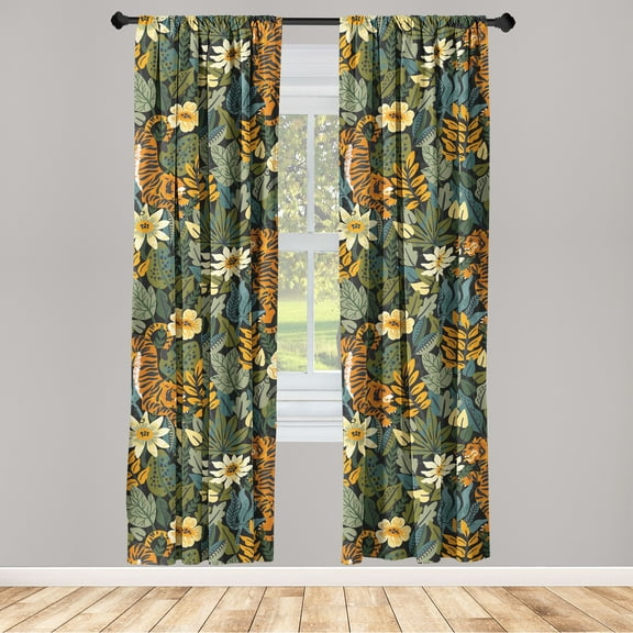 Jungle Boho Window Curtains, Tropical Forest Vibe American Traditional Art of Tiger and Floral, Lightweight Decor 2-Panel Set with Rod Pocket, Pair of - 28"x84", Peacock Green Apricot, by Ambesonne