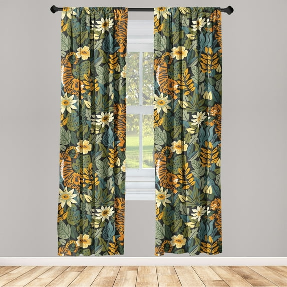 Jungle Boho Window Curtains, Tropical Forest Vibe American Traditional Art of Tiger and Floral, Lightweight Decor 2-Panel Set with Rod Pocket, Pair of - 28"x95", Peacock Green Apricot, by Ambesonne