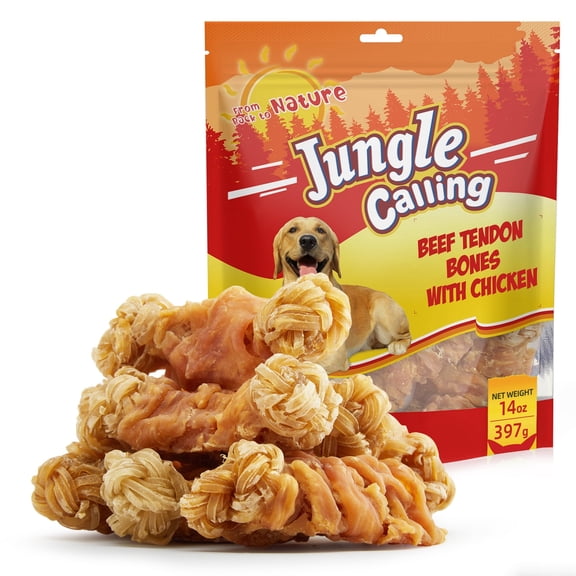 Jungle Calling Beef Tendons for Dogs, Chicken Wrapped Tendons Dog Chews Long Lasting Hip and Joint Supplement for Dogs with Glucosamine (Knotted Bone), 14 OZ