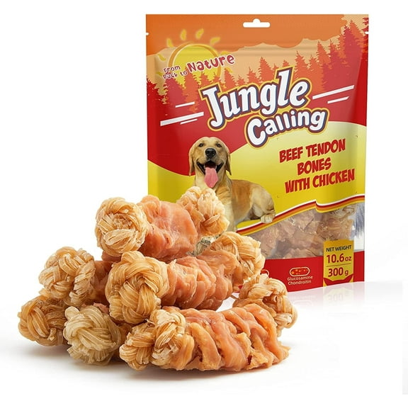 Jungle Calling Beef Tendons for Dogs, Chicken Wrapped Tendons Dog Chews Long Lasting Hip and Joint Supplement for Dogs with Glucosamine (Knotted Bone)