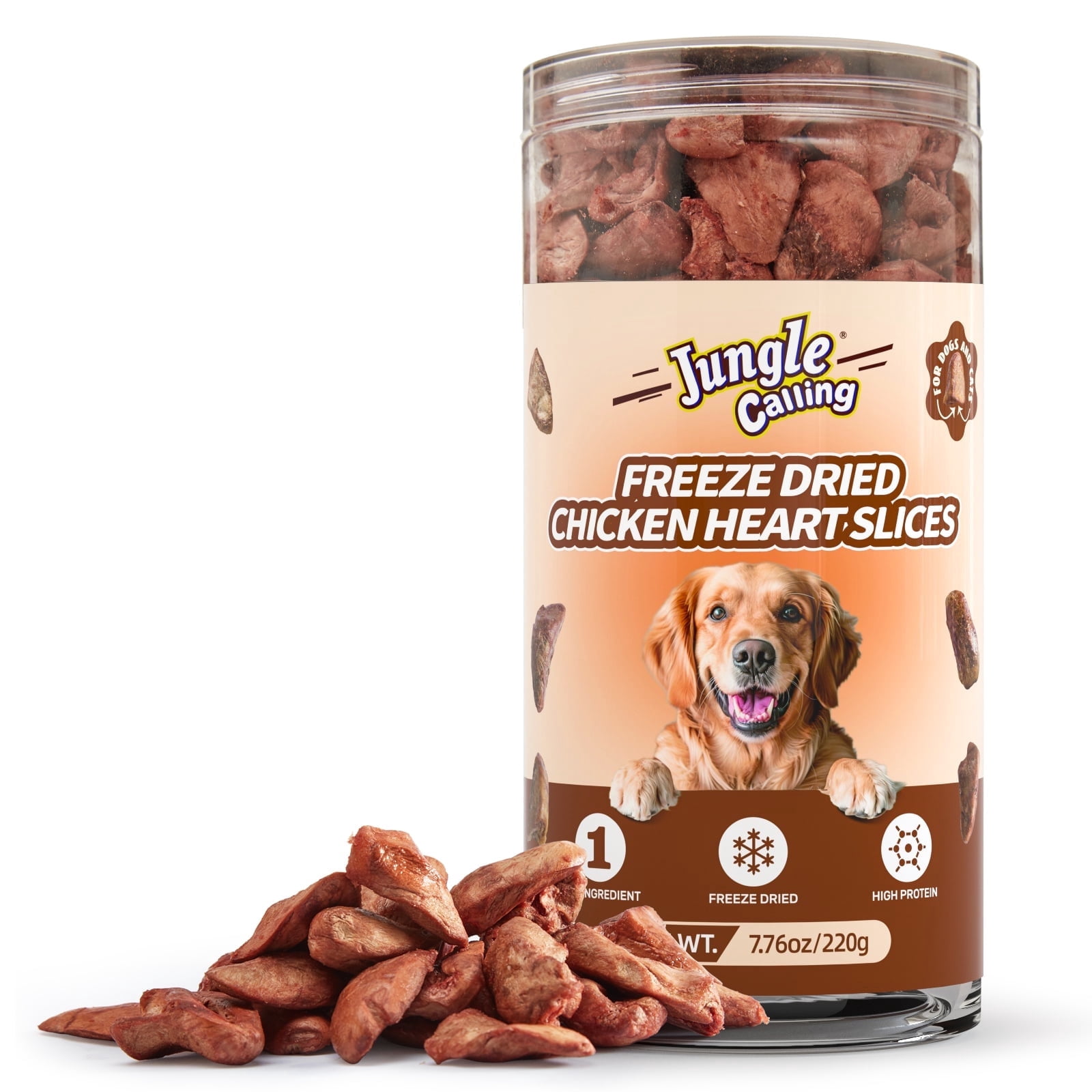 Jungle Calling  Freeze Dried Chicken Hearts Halves for Cats and Dogs, 7.76 oz Jar