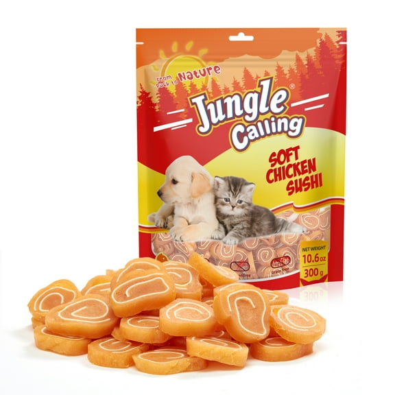 (4 pack) Jungle Calling Chicken Wrapped Dog Treats, Grain Free Soft Chewy Chicken&Codfish Treats for Training Rewards,10.6Ounce