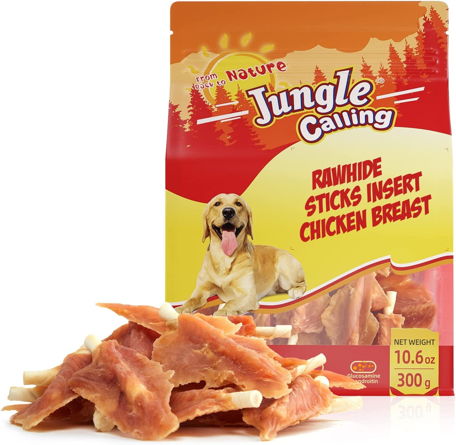 Jungle Calling Dog Treats, Chicken Jerky Wrapped Rawhide Chew Sticks