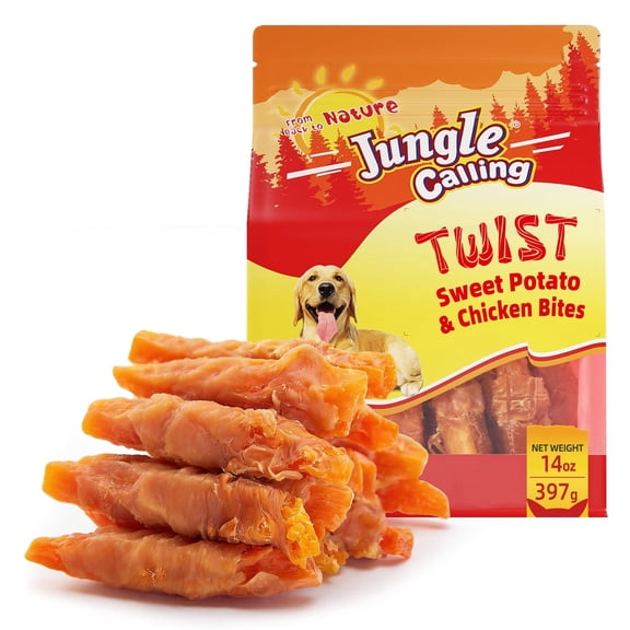 Jungle Calling Dog Treats, Chicken Wrapped Sweet Potato, Gluten and Grain Free, Chewy Dog Bites for Balanced Nutrition, 14 oz