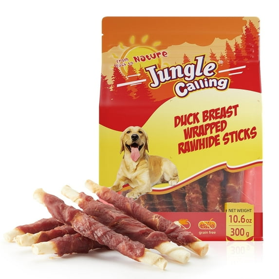 Jungle Calling Dog Treats Duck Wrapped Rawhide Sticks Grain-Free Natural Chewy Treats Puppy Snacks
