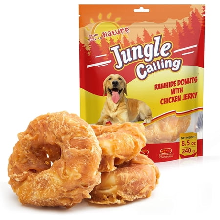 Jungle Calling Dog Treats Long Lasting, Rawhide Chews for Dogs, Chicken Wrapped Rawhide Donuts, Chewy Snacks for Medium Large Dogs