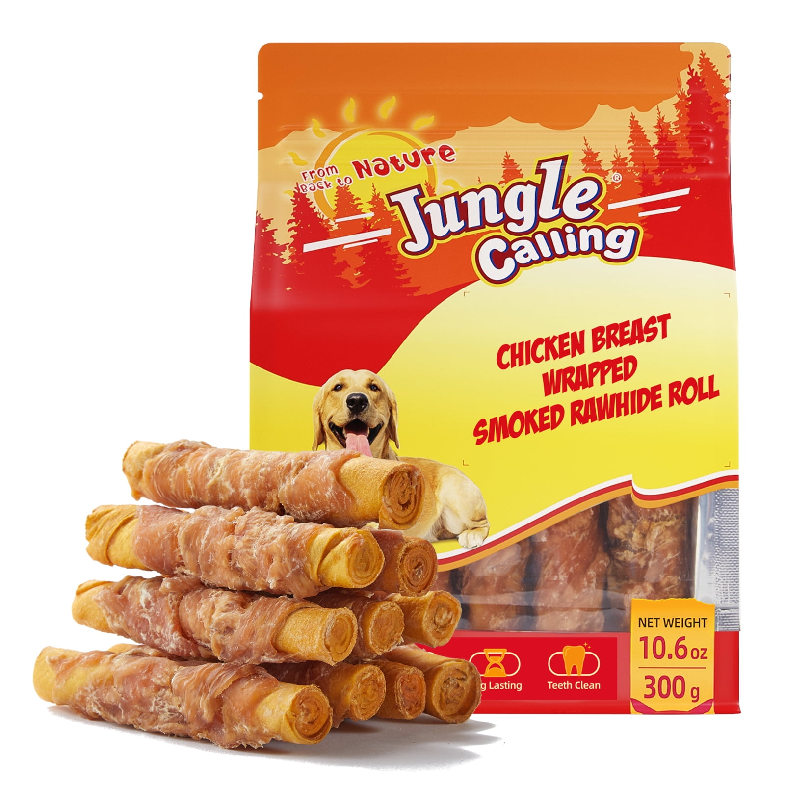 Jungle Calling Dog Treats Smoked Chicken Wrapped Rawhide Rolls, High Protein Dog Chews, Rawhide Chews for Medium and Large Dogs