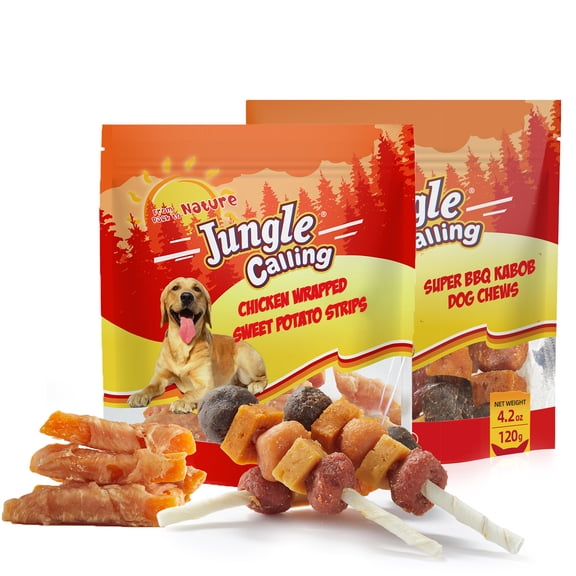 Jungle Calling Dog Treats Variety Pack | Multi-Flavor Kabobs (4.2oz) + Chicken Wrapped Sweet Potato Twists (5oz) | Ideal for Training Rewards.