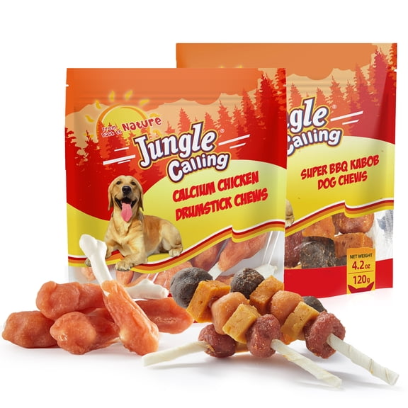 Jungle Calling Dog Treats Variety Pack | Multi-Flavor Meat Kabobs (4.2 oz) + Rawhide-Free Chicken Bones (5 oz) | Teeth Cleaning, Training Rewards