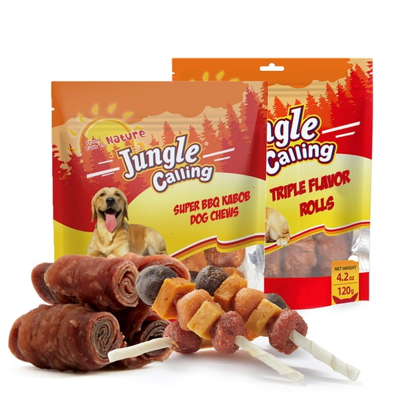 Jungle Calling Dog Treats Variety Pack | Multi-Flavor Meat Kabobs (4.2 oz) + Triple Flavor Rolls (4.2 oz) | High Protein, Training Rewards