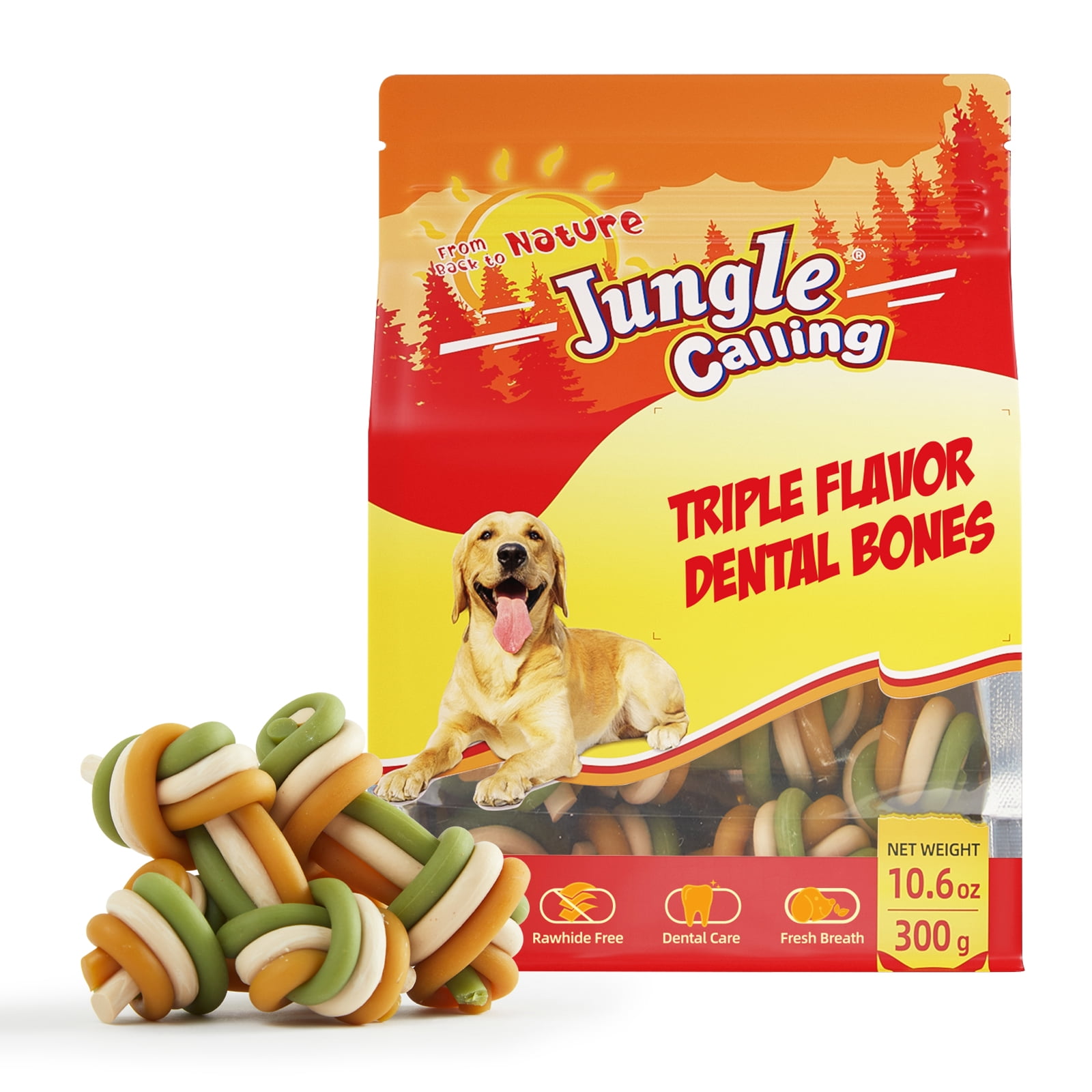 Jungle Calling Rawhide Free Dog Dental Treats, Triple Flavor Dental