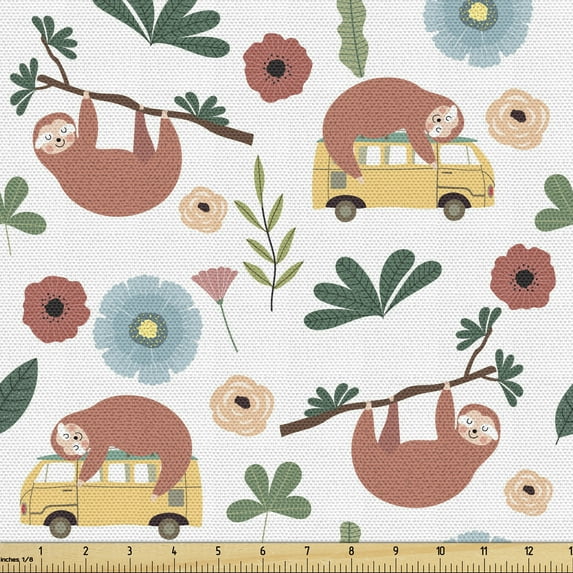 Jungle Cartoon Fabric by the Yard, Flowers Leaves and a Sloth on a Bus with Branches Botany Scene, Decorative Upholstery Fabric for Sofas and Home Accents, 10 Yards, White and Multicolor by Ambesonne