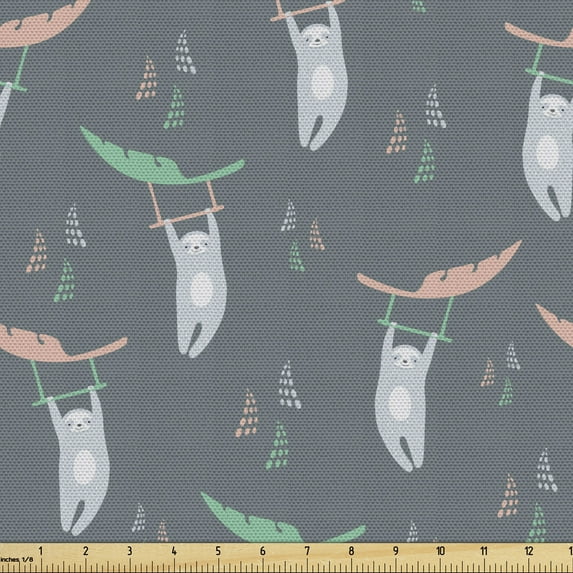 Ambesonne Jungle Cartoon Fabric by the Yard Upholstery, Pastel Lazy Animal, 2 Yards, Purpleblue and Multicolor