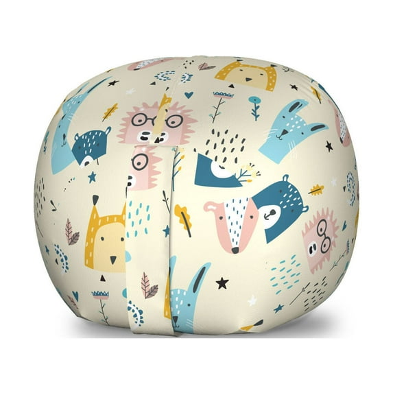 Jungle Cartoon Storage Toy Bag Chair, Funny Pattern with Animal Flowers Stars and Spots, Stuffed Animal Organizer Washable Bag, Large Size, Cream Multicolor, by Ambesonne