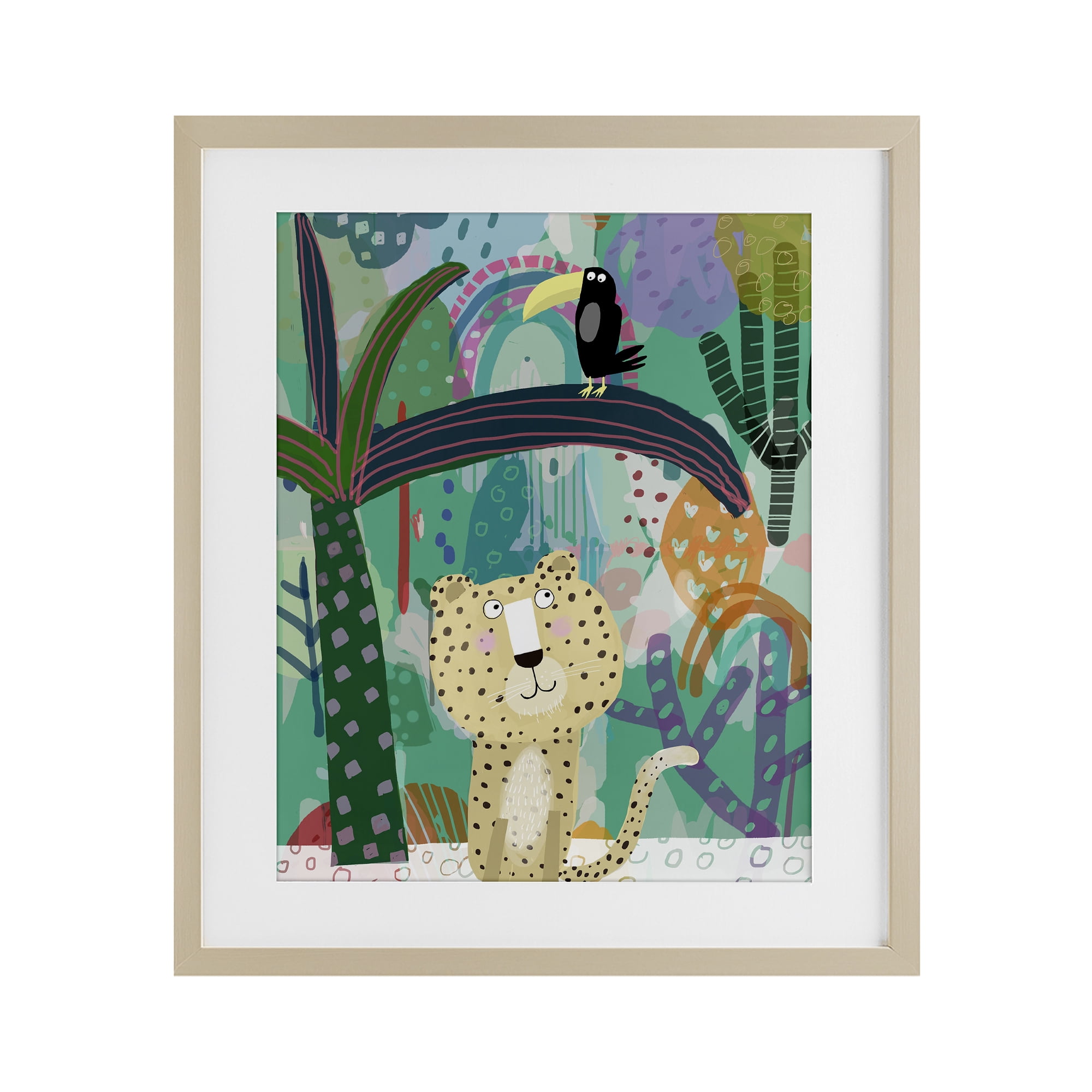 Jungle Cheetah & Toucan Birch Framed Print Under Glass, design by Carla Daly