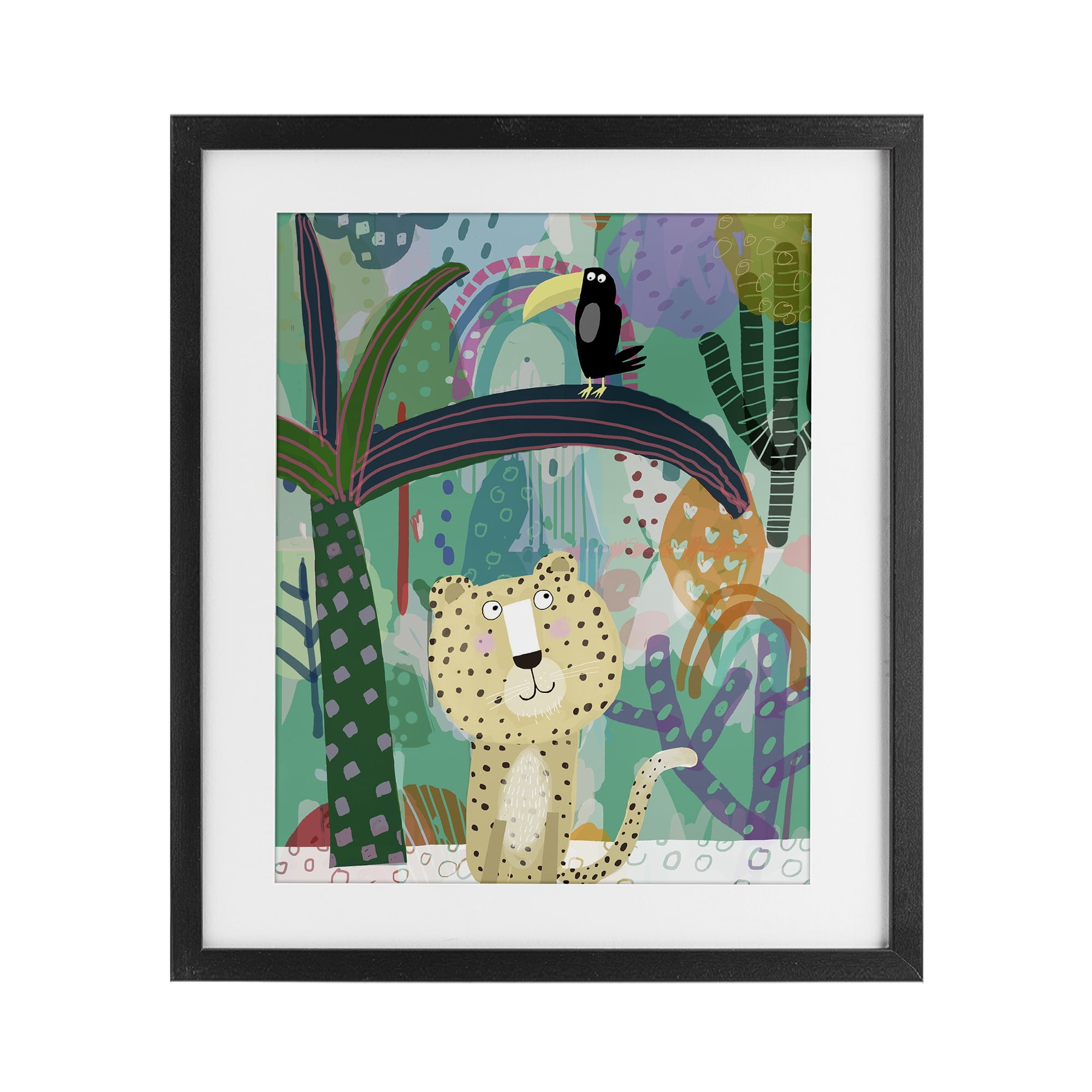 Jungle Cheetah & Toucan Black Framed Print Under Glass, design by Carla Daly