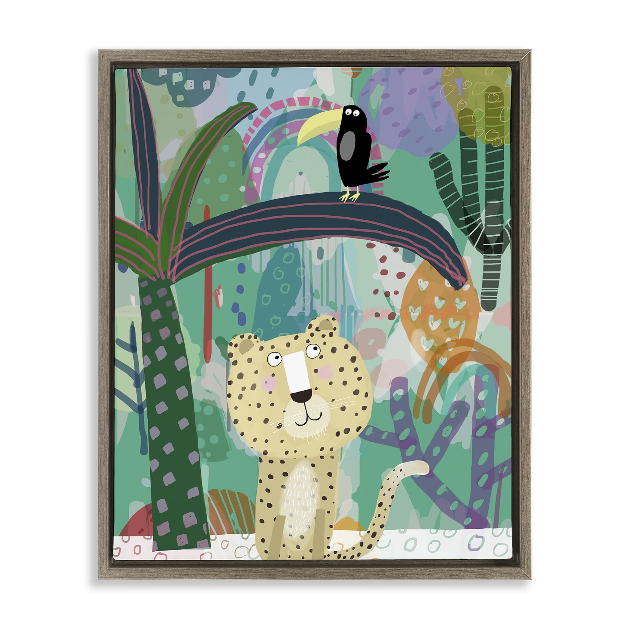 Jungle Cheetah & Toucan Brown Framed Floater Canvas Wall Art, design by Carla Daly