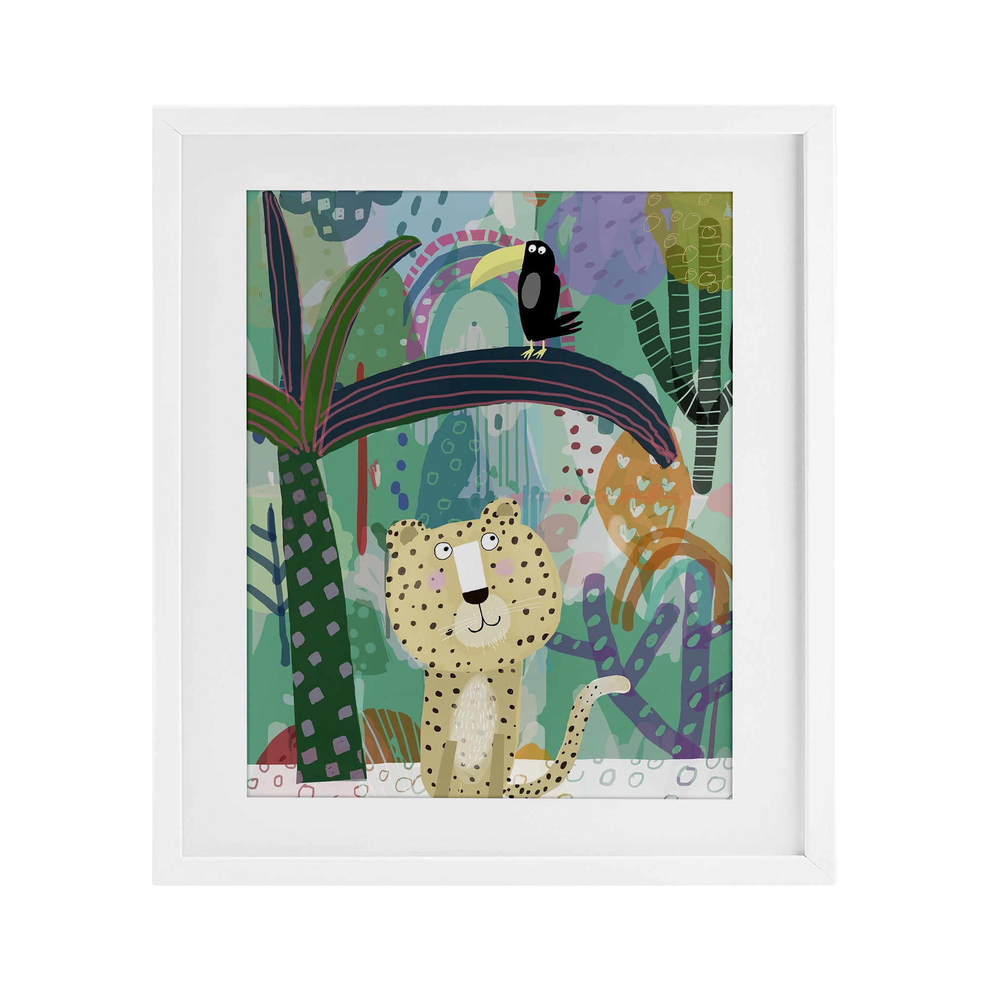 Jungle Cheetah & Toucan White Framed Print Under Glass, design by Carla Daly