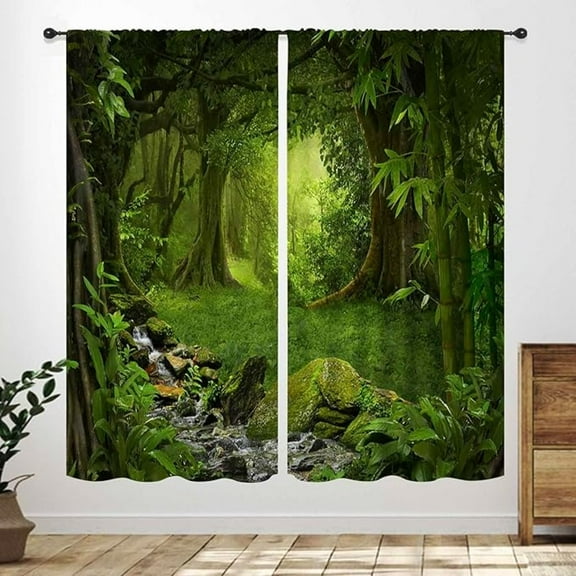 Jungle Curtains, Green Forest Tropical Palm Leaves Summer Plant Jungle Garden Nature Theme Plant Living Room Bedroom Decoration Window Treatments Drapes 26"W x 63"L (Pack of 2)