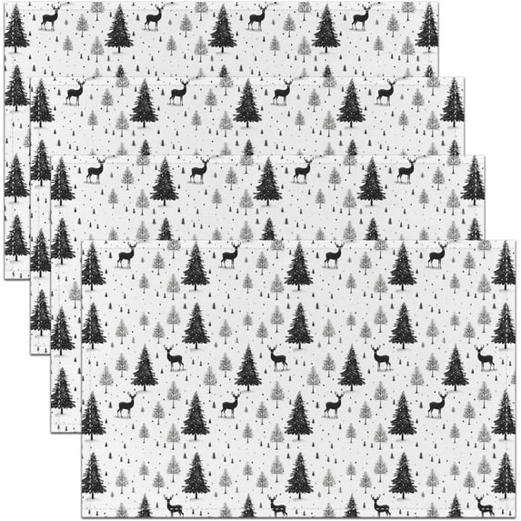 Jungle Deer Trees Place Mats 12x18 Set of 4,Winter Christmas Animals Plants Silhouette Non-Slip & Wipeable Mats for Kids Adults,Rustic Farmhouse Style Meal Mats for Dining Kitchen Table