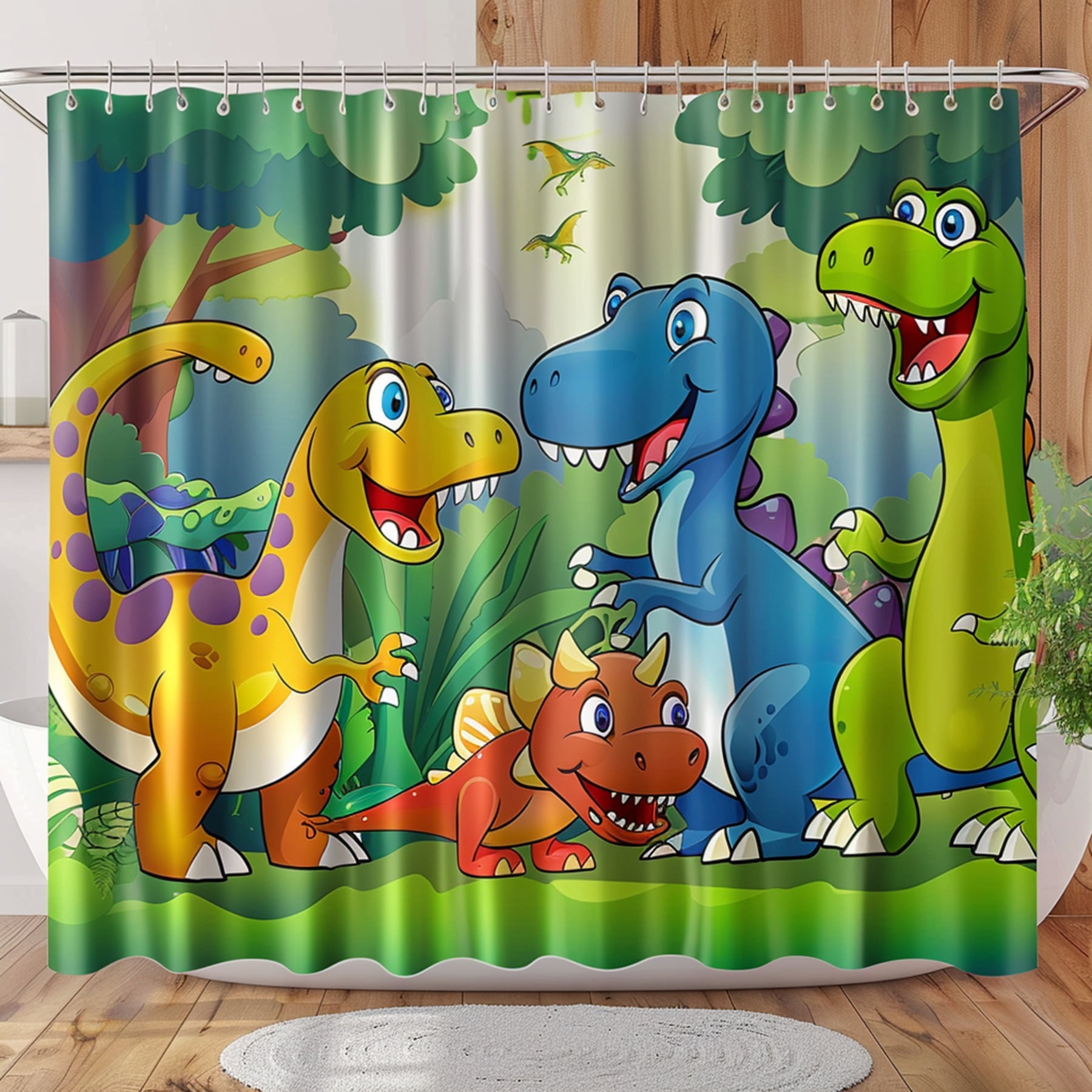 Jungle Delight Vibrant Dinosaur World Shower Curtain with Cute Cartoon