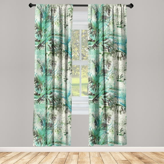 Jungle Design Window Curtains, Grunge Forest Colors Leaves Greenery Silhouettes with Spots Art, Lightweight Decor 2-Panel Set with Rod Pocket, Pair of - 28"x95", Sea Green Cream Sea Blue, by Ambesonne