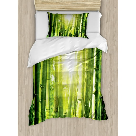Jungle Duvet Cover Set, Asian Forest with Morning Sun Beams Through Trees Modern Woodland Print Boho, Decorative 2 Piece Bedding Set with 1 Pillow Shams, Twin Size, Lime Green Yellow, by Ambesonne