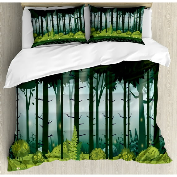 Jungle Duvet Cover Set, Cartoon Trees Forest Grass at Twilight Illustration, Decorative 3 Piece Bedding Set with 2 Pillow Shams, King Size, Evergreen Blue, by Ambesonne