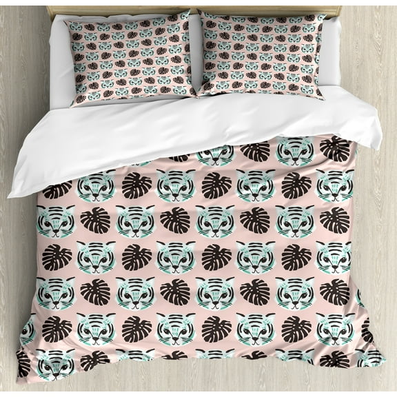 Jungle Duvet Cover Set, Composition of Tiger Portraits and Dark Grey Monstera Leaves Forest Scene, Decorative 3 Piece Bedding Set with 2 Pillow Shams, King Size, Blush Pale Teal White, by Ambesonne