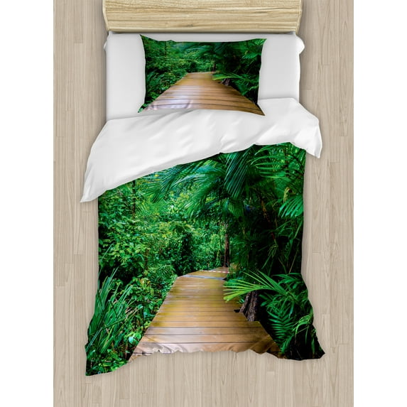 Jungle Duvet Cover Set, Deck Timber Jetty Exotic Getaway Wilderness Footpath Tropic Plants Rainforest, Decorative 2 Piece Bedding Set with 1 Pillow Shams, Twin Size, Pale Brown Green, by Ambesonne