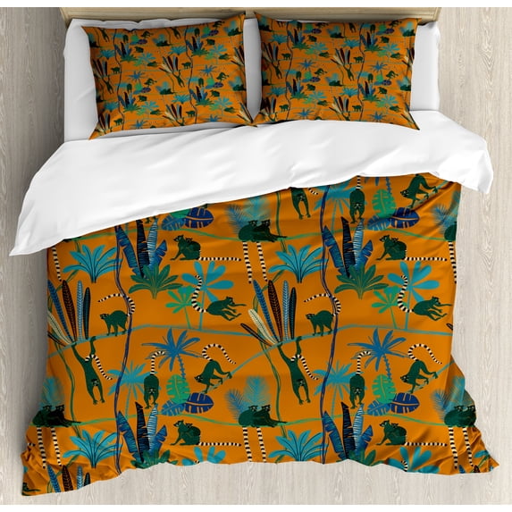 Jungle Duvet Cover Set, Image of Funny Lemurs in the Wild Forest Playing Among Tree Branches, Decorative 3 Piece Bedding Set with 2 Pillow Shams, King Size, Dark Orange and Multicolor, by Ambesonne