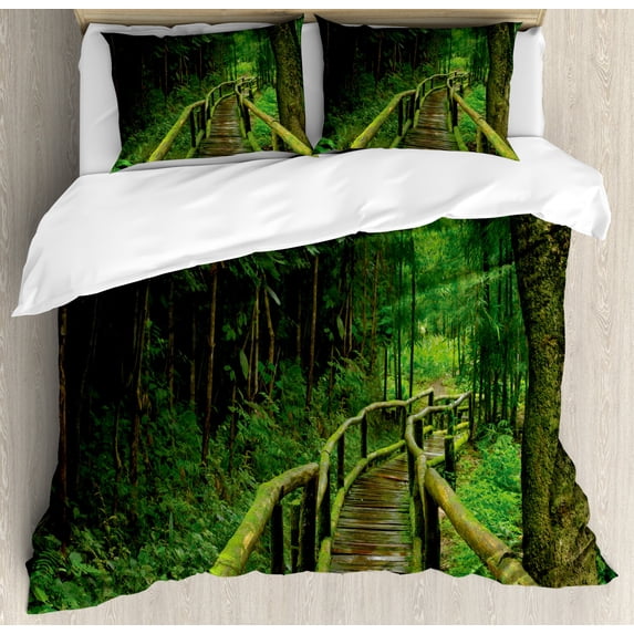 Jungle Duvet Cover Set Queen Size, Rainforest in Thailand Foliage Greenery Wooden Pathway Trekking Primeval Ancient, Decorative 3 Piece Bedding Set with 2 Pillow Shams, Green Brown, by Ambesonne