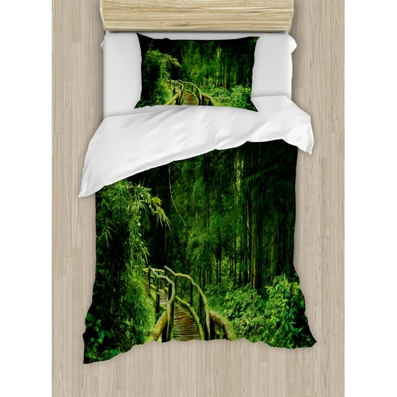 Jungle Duvet Cover Set Twin Size, Freshness Tropical Thailand Forest with Wooden Bridge Foliage Meditation Calm Landscape, Decorative 2 Piece Bedding Set with 1 Pillow Sham, Green, by Ambesonne