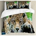 thumbnail image 1 of Jungle Duvet Cover Sets, South American Jaguar Wild Animal Carnivore Endangered Feline Savannah Image, Bedding Set 2 Duvet Cover & 4 Pillowcases, 2 Pack Cal King Size, Orange Black Green, by Ambesonne, 1 of 3