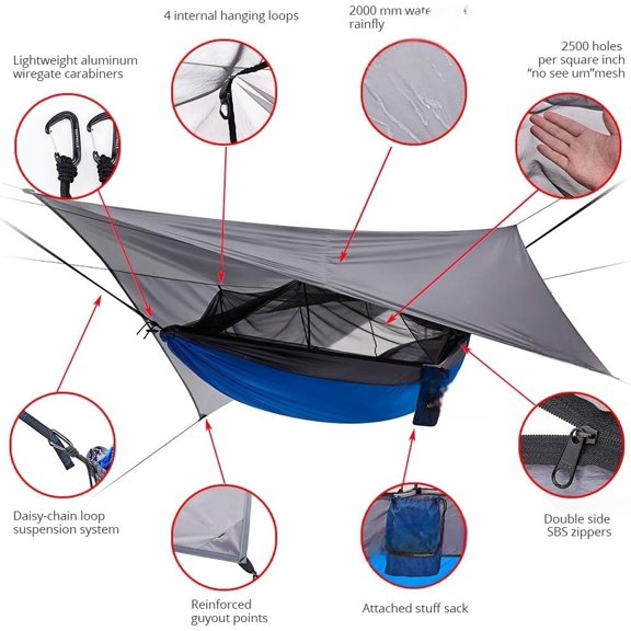 Jungle Explorer 118" x 79" Double Camping Hammock Lightweight Rip-Stop Parachute Nylon 2 Person Hammocks with Removable Bug Net, Tree Straps and Tarp Blue$$
