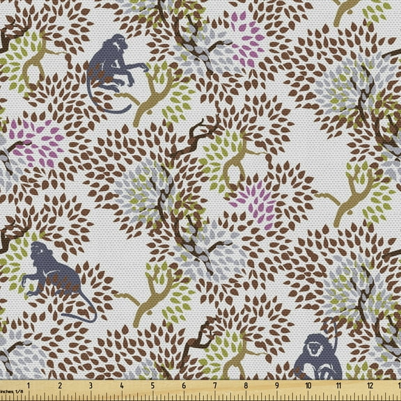 Ambesonne Jungle Fabric by the Yard Upholstery, Monkey on Abstract Trees, 2 Yards, Pale Taupe Multicolor