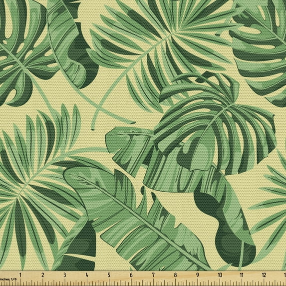 Ambesonne Jungle Fabric by the Yard Upholstery, Brazil Forest Foliage, 10 Yards, Eggshell and Green