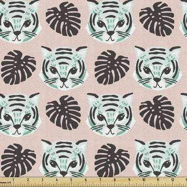 Ambesonne Jungle Fabric by the Yard Upholstery, Tigers and Monstera Leaves, 1 Yard, Blush Pale Teal White