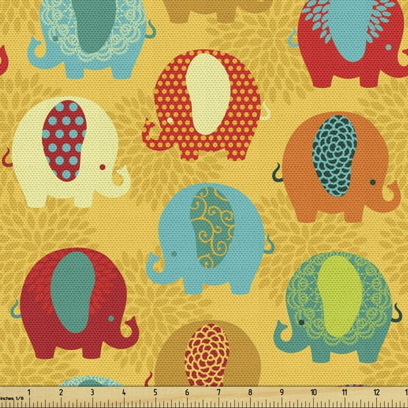 Jungle Fabric by the Yard, Elephants Ornate Details Cartoon Jungle Mammal Thailand Zoo Animal, Decorative Upholstery Fabric for Sofas and Home Accents, 3 Yards, Multicolor by Ambesonne