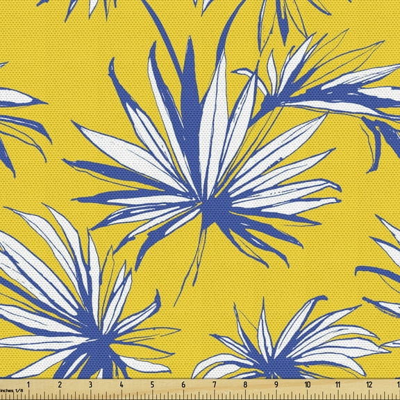 Ambesonne Jungle Fabric by the Yard Upholstery, Grunge Tropical Plant Leaves, 2 Yards, Yellow Blue and White