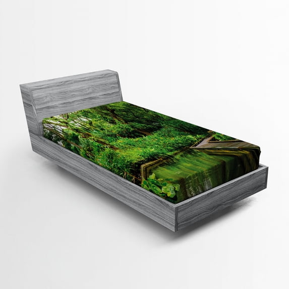 Ambesonne Nature Fitted Sheet, Wild Exotic Forest Pier, Twin XL Size, Hunter Green Brown