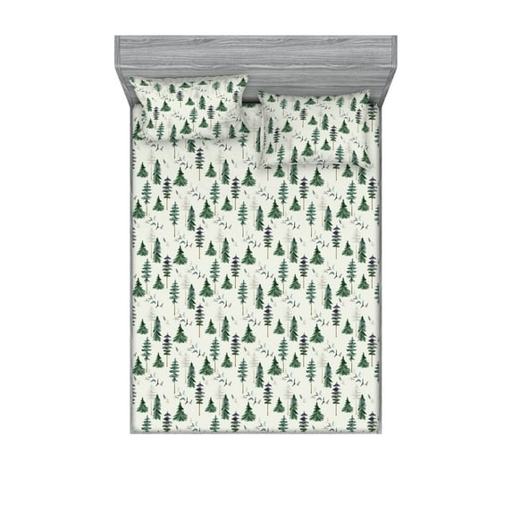 Jungle Fitted Sheet & Pillow Sham Set, Autumn Designed Birds and Foggy Forest With Pine Trees and Birds, Decorative Printed 3 Piece Bedding Decor, King, Eggshell Fern Green and Plum, by Ambesonne