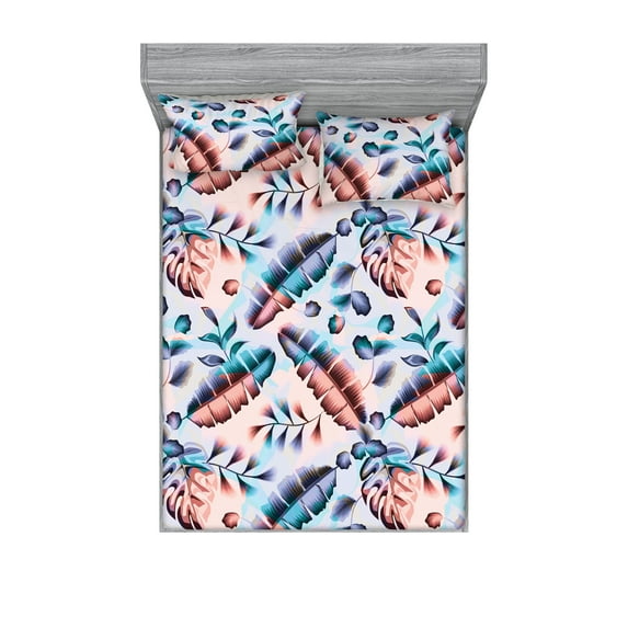 Jungle Fitted Sheet & Pillow Sham Set, Exotic Themed Forest Leaf Motives Pattern on Pastel Tones Background, Decorative Printed 3 Piece Bedding Decor, Full, Turquoise Lavender Salmon, by Ambesonne