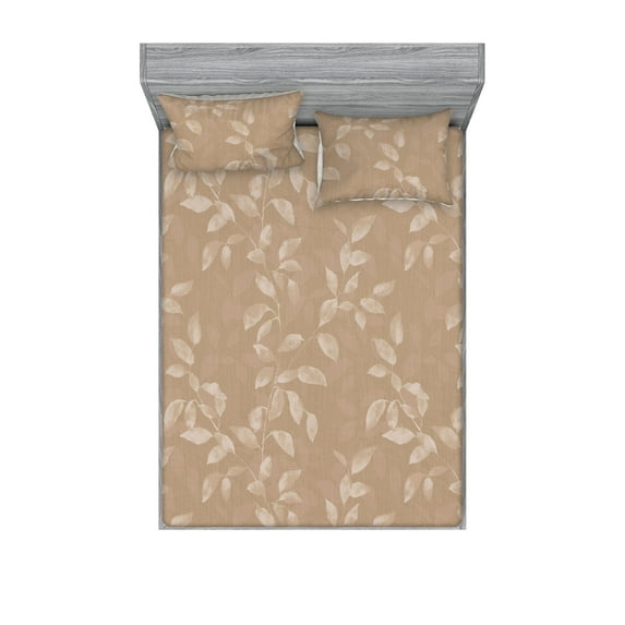 Jungle Fitted Sheet & Pillow Sham Set, Minimalist Style Nature Inspired Leaf Shade Drawing on Rustic Backdrop, Decorative Printed 3 Piece Bedding Decor, Full, Pale Taupe and Pale Grey, by Ambesonne