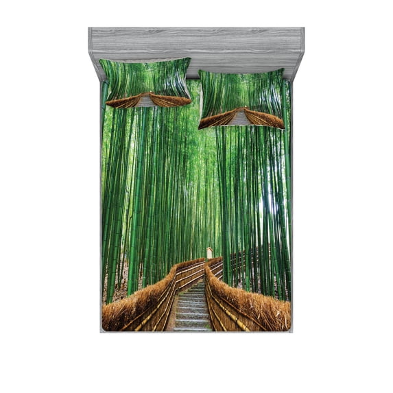 Jungle Fitted Sheet & Pillow Sham Set, Tropical Nature Bridge over Trees Exotic Landscape Forest Jungle Woods Design, Decorative Printed 6 Piece Bedding Decor Set, Queen, Green Brown, by Ambesonne