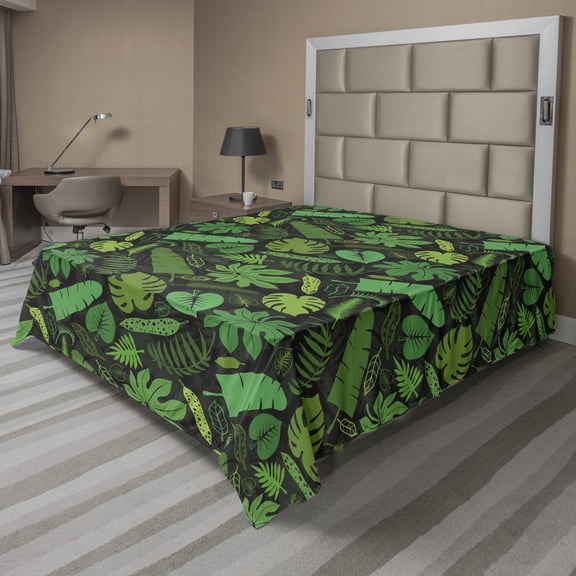 Ambesonne Jungle Flat Sheet, Various Leaf Silhouettes, Full Size, Evergreen Fern Green